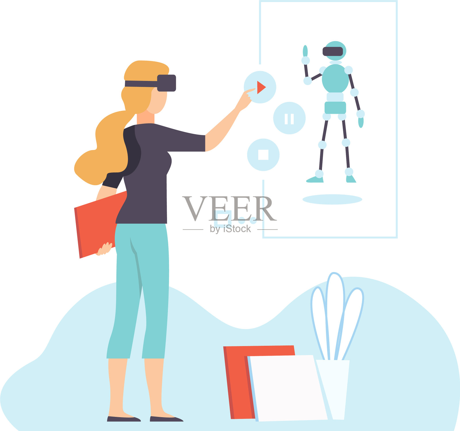 女人在vr眼镜耳机现代增强设计元素图片