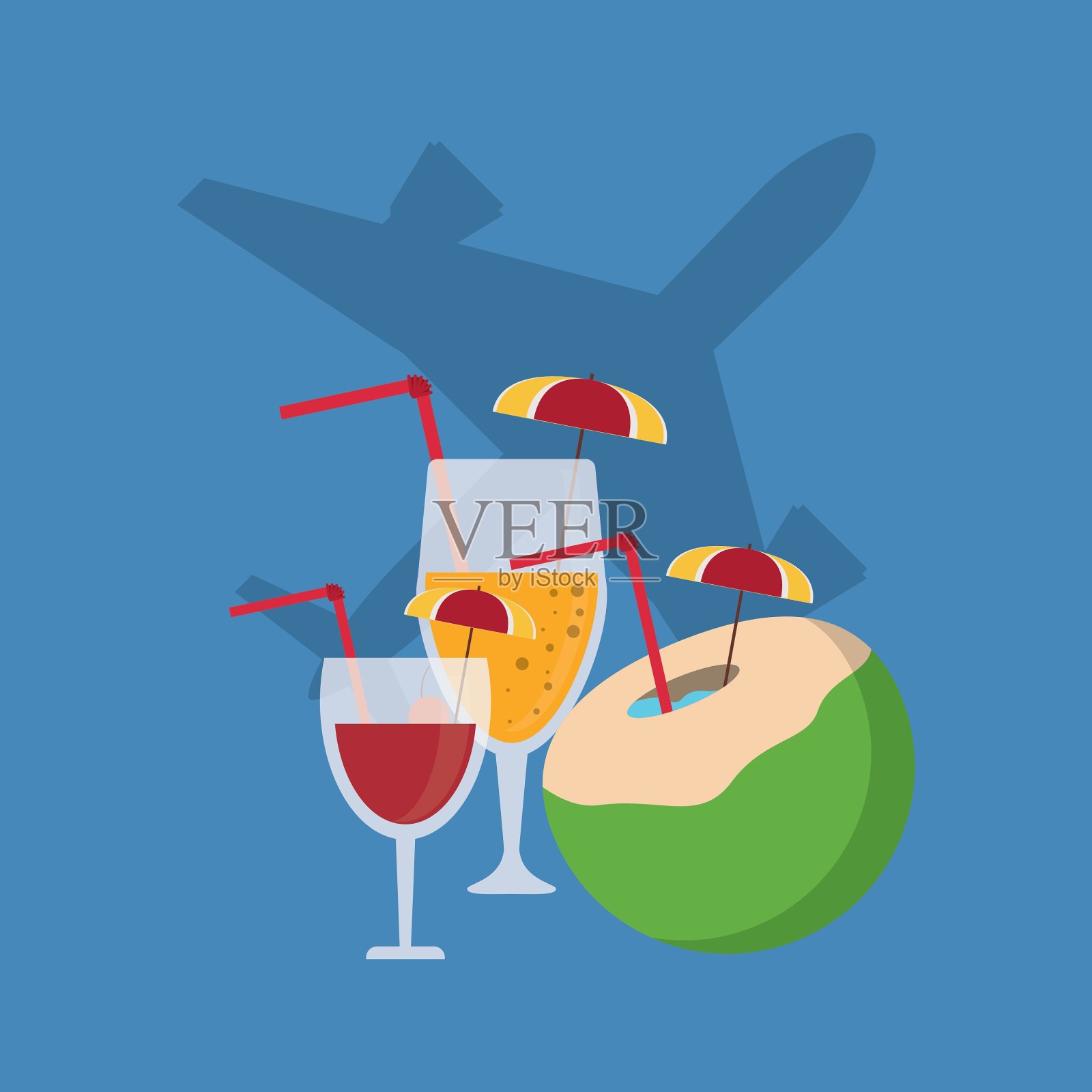 飞机和鸡尾酒旅游相关图标形象插画图片素材