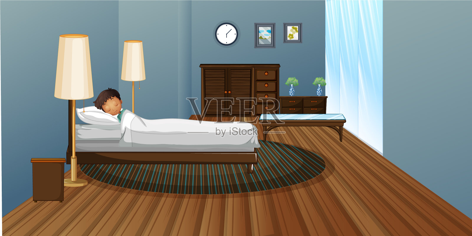 小男孩在卧室里睡觉插画图片素材