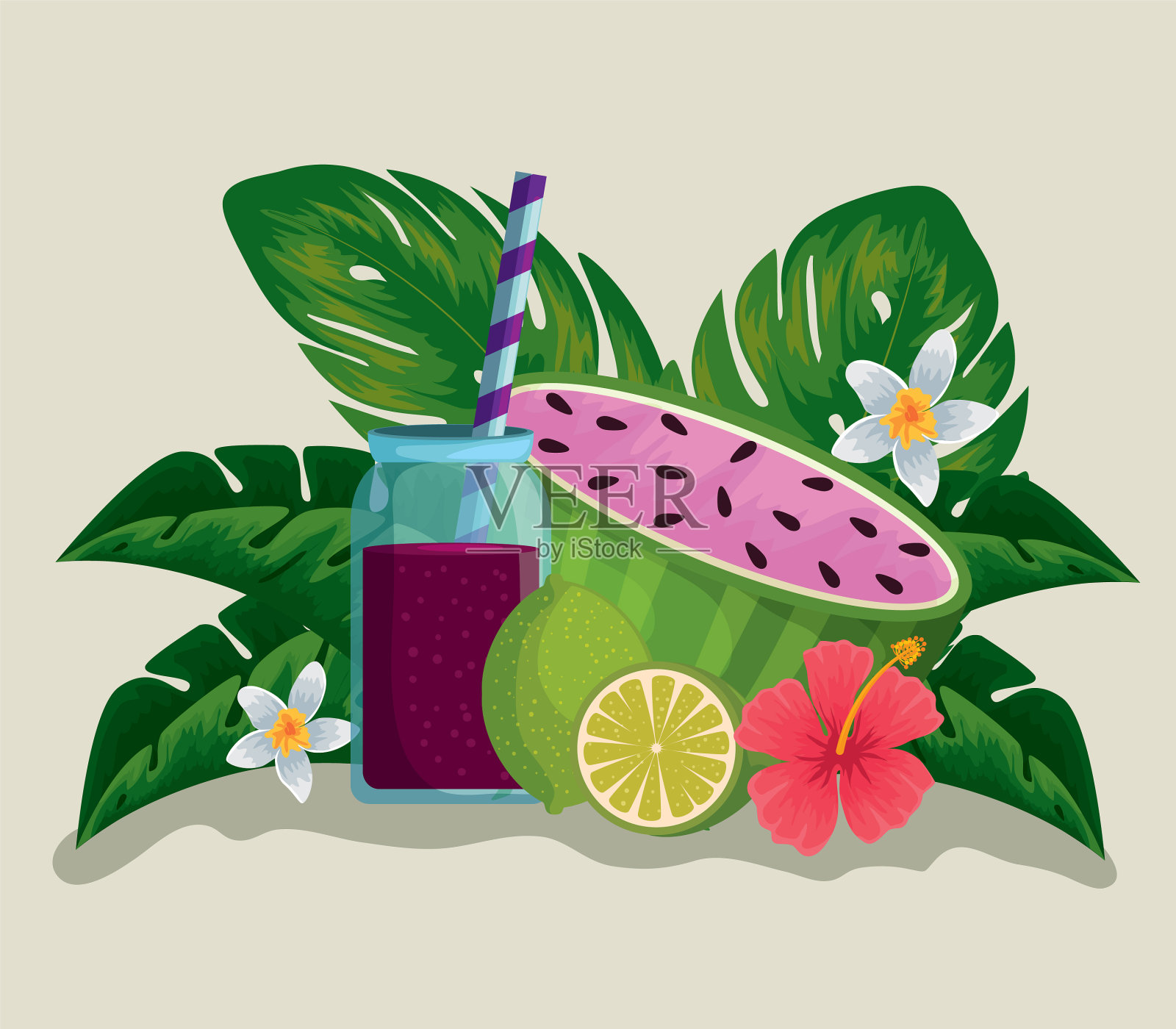 热带水果,新鲜饮料和鲜花插画图片素材