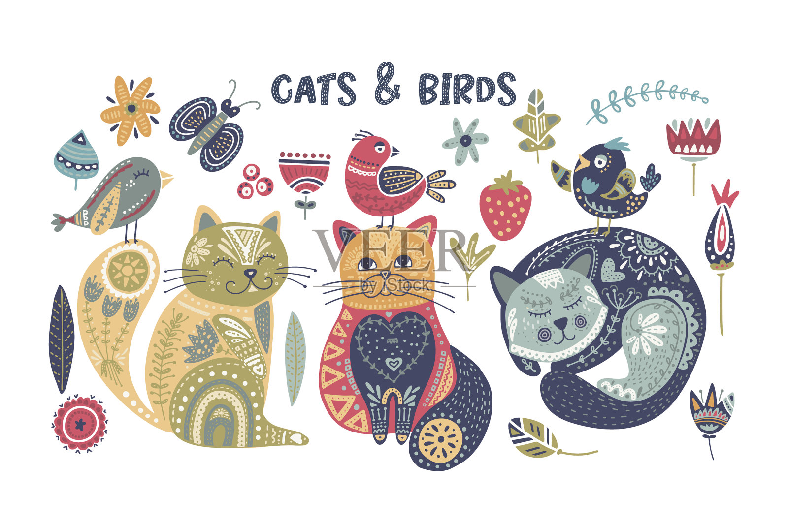 民间艺术猫鸟集设计元素图片