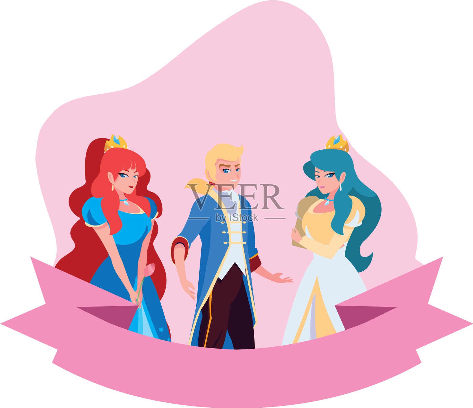 白马王子和两个公主的故事设计元素图片