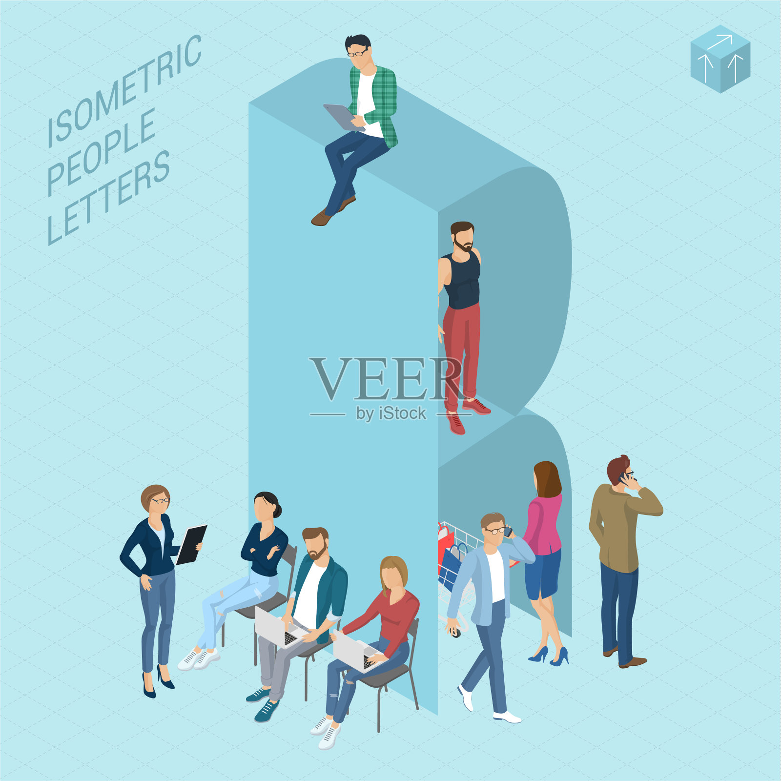 等距字母与人插画图片素材