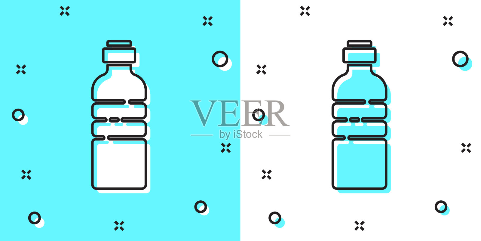 黑线瓶装水图标隔离在绿色和白色背景。苏打水饮料标志。随机动态形状。矢量图插画图片素材