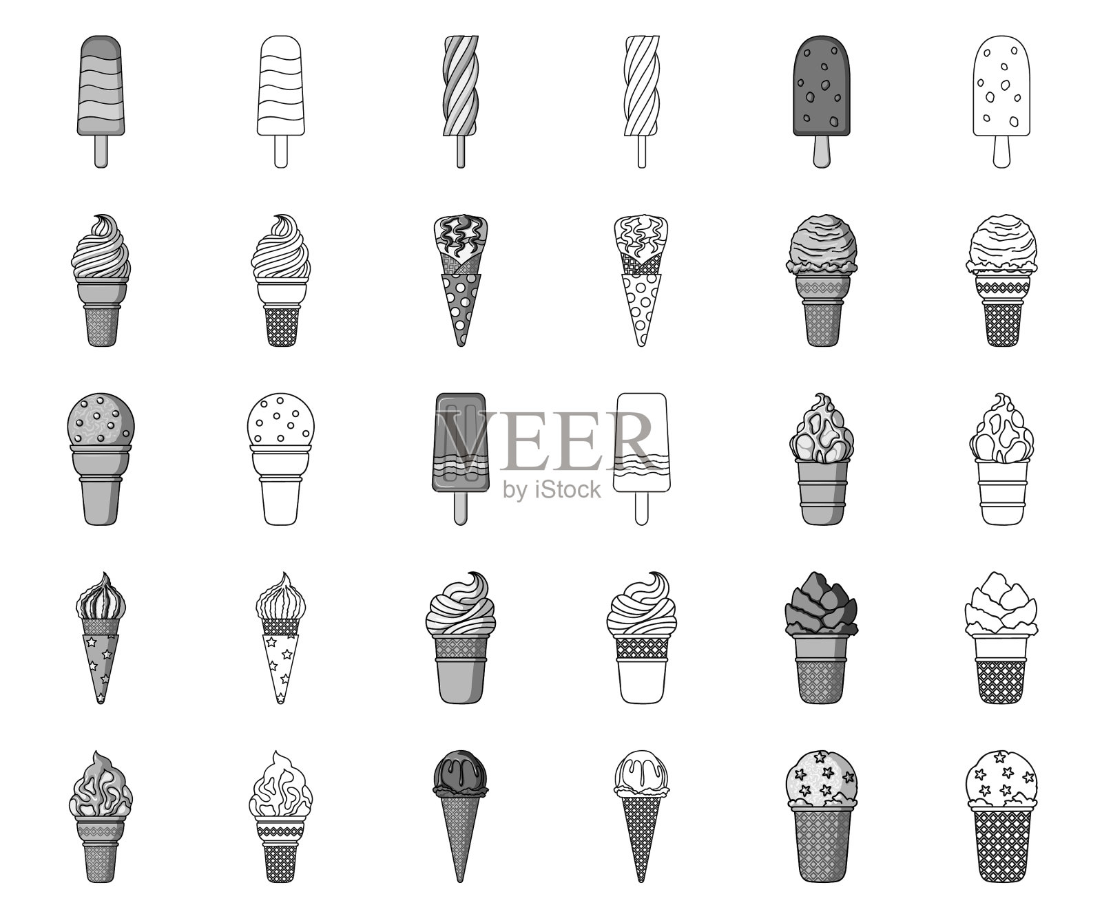 不同冰淇淋单色轮廓图标插画图片素材