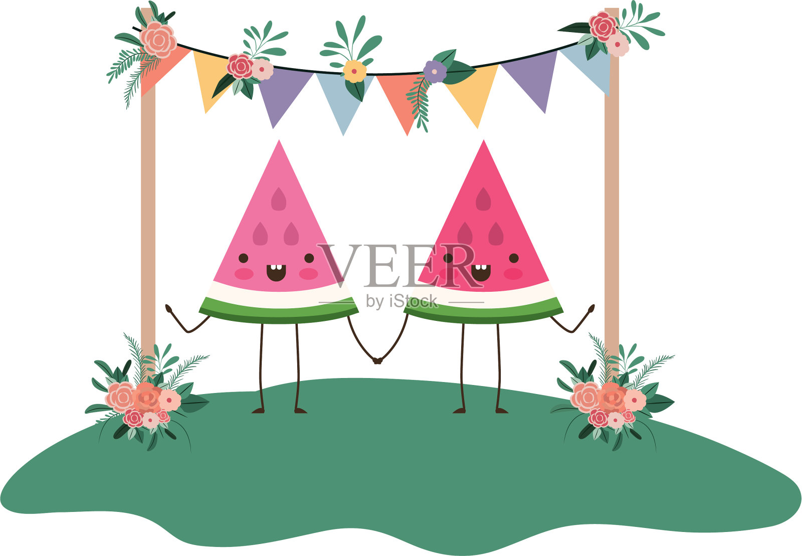 可爱的西瓜夫妇在花园卡哇伊插画图片素材