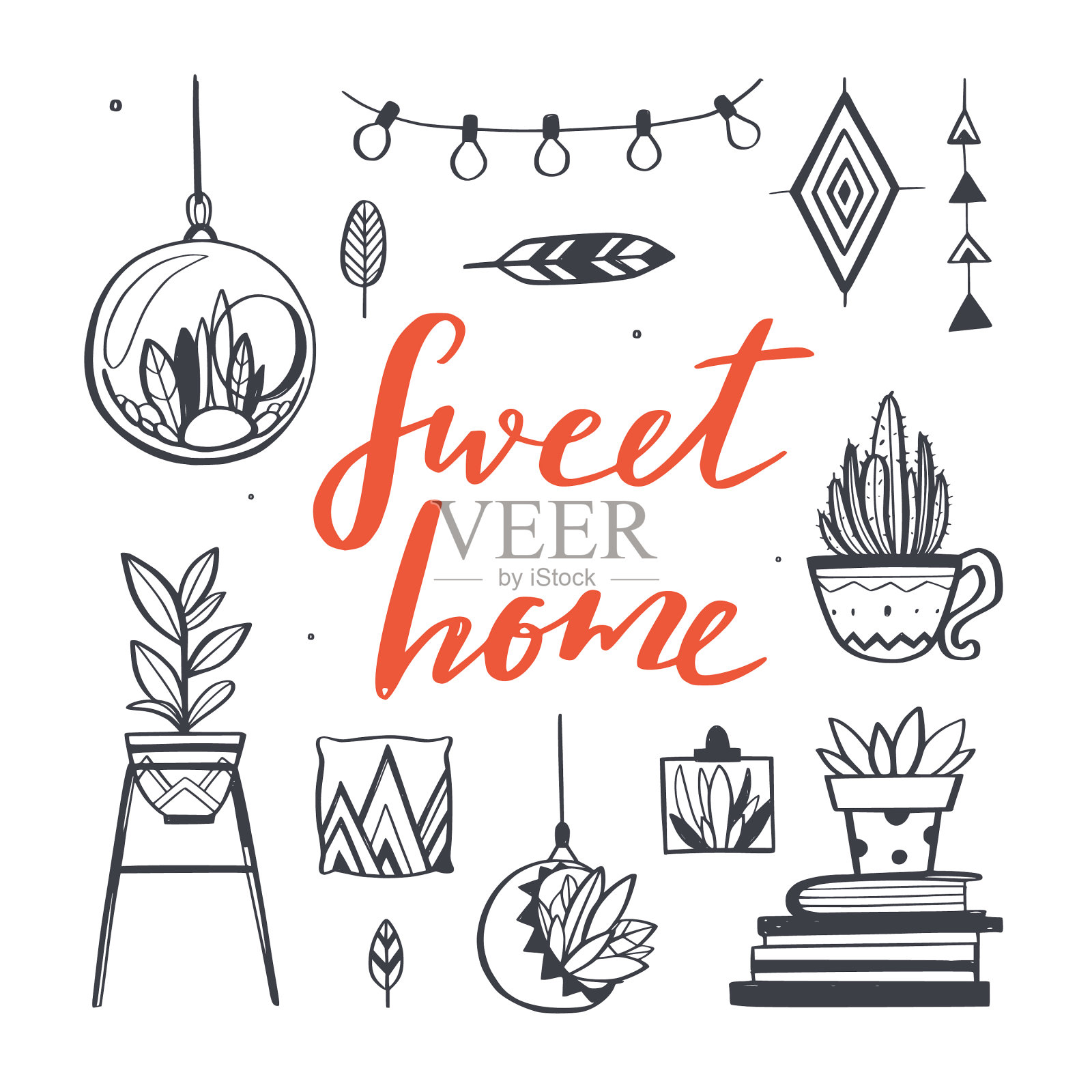 家居装饰和家居植物手绘集图标素材