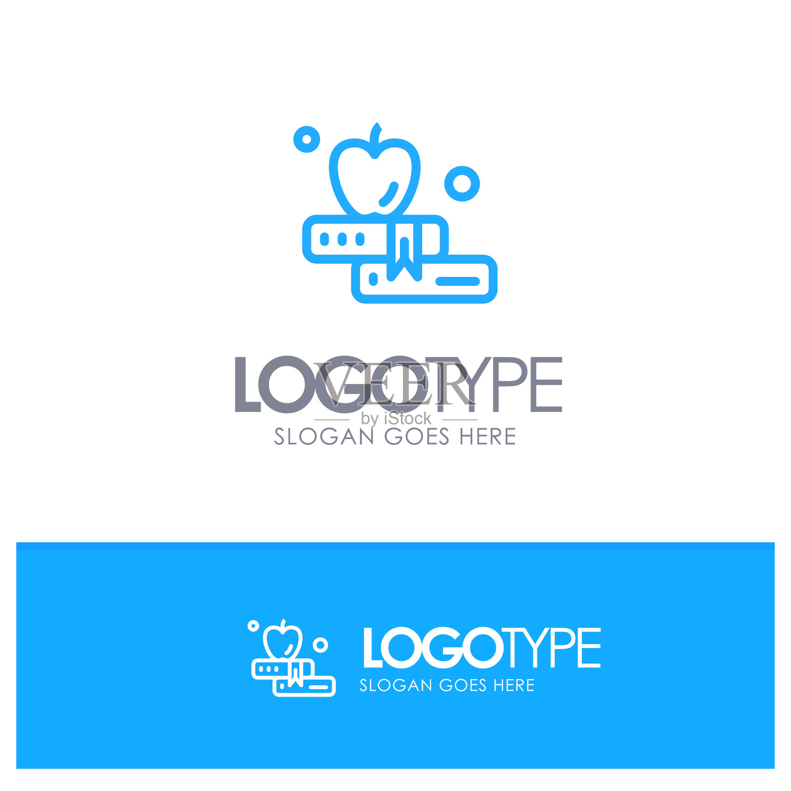 苹果图书教育蓝色大纲标志与地方插画图片素材