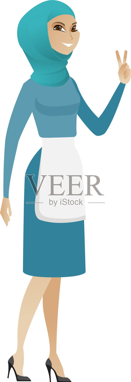 年轻的穆斯林清洁工展示胜利的姿态设计元素图片