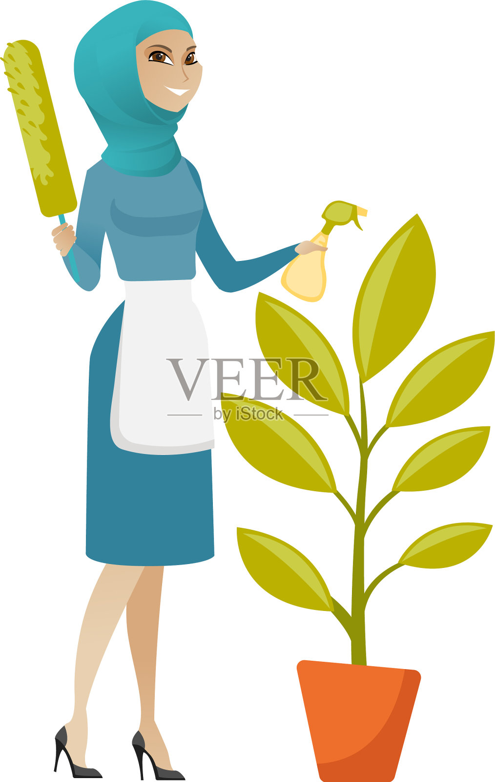 年轻的穆斯林女佣用喷雾浇花设计元素图片