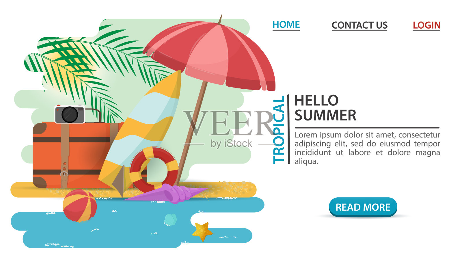 网页设计概念暑假娱乐物品手提箱相机冲浪板在沙滩上平坦的矢量插图卡通插画图片素材