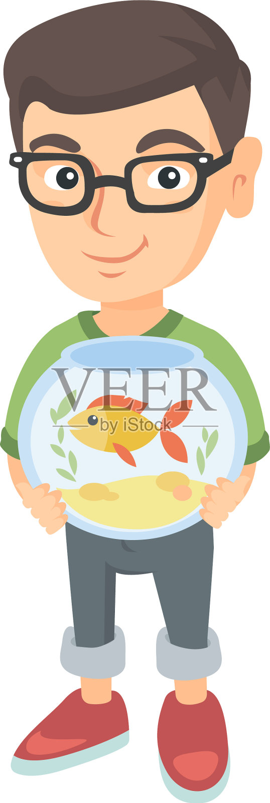 一个白人男孩抱着鱼缸,里面有金鱼设计元素图片