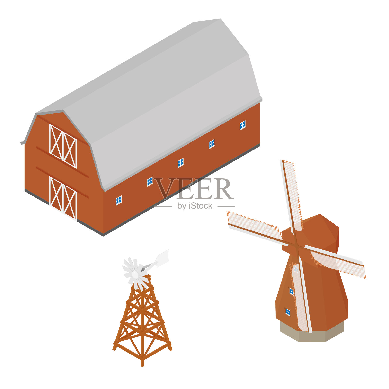 等距红色谷仓风车和水曝气设计元素图片