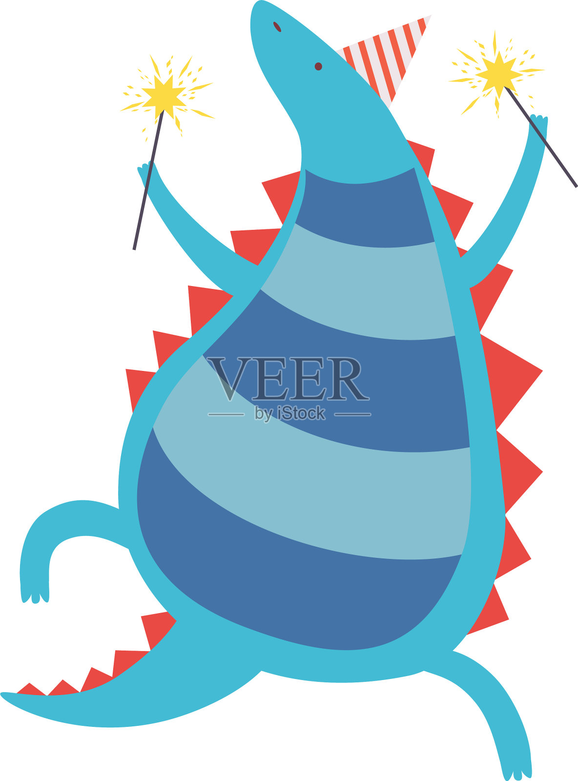 快乐的恐龙在派对帽与火花可爱设计元素图片