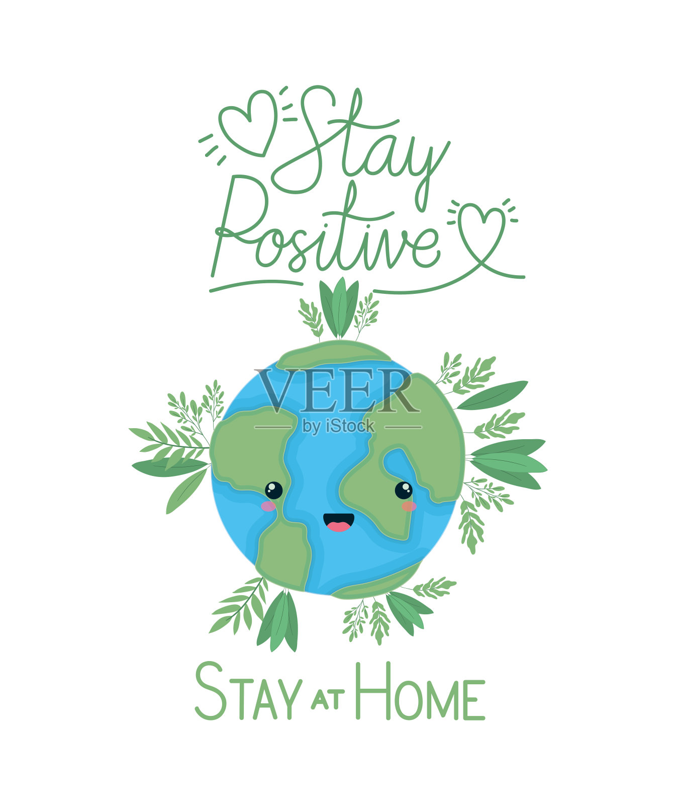 在家和积极的文字与世界卡通树叶和心矢量设计插画图片素材