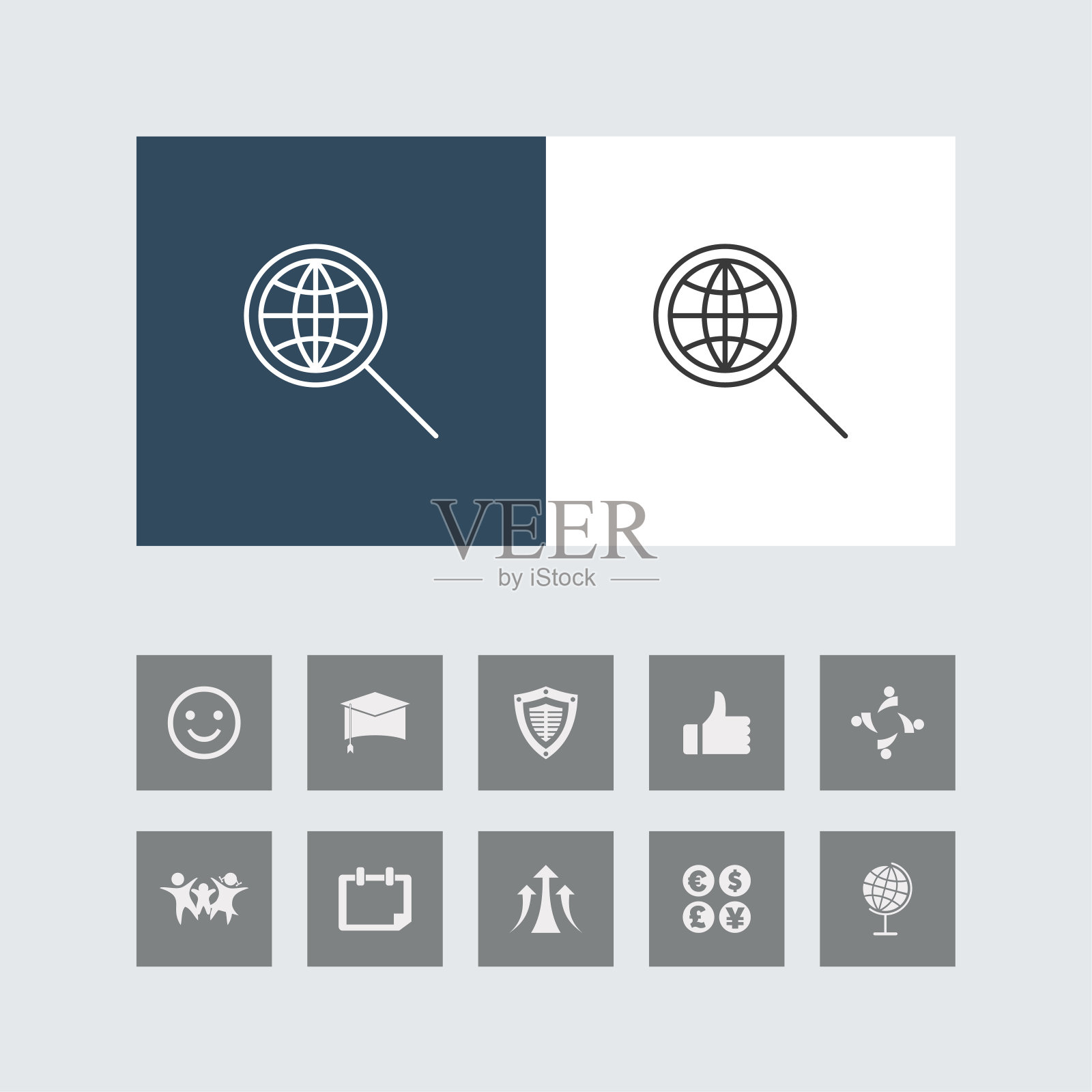 创造性的全球搜索线图标与奖金图标。插画图片素材