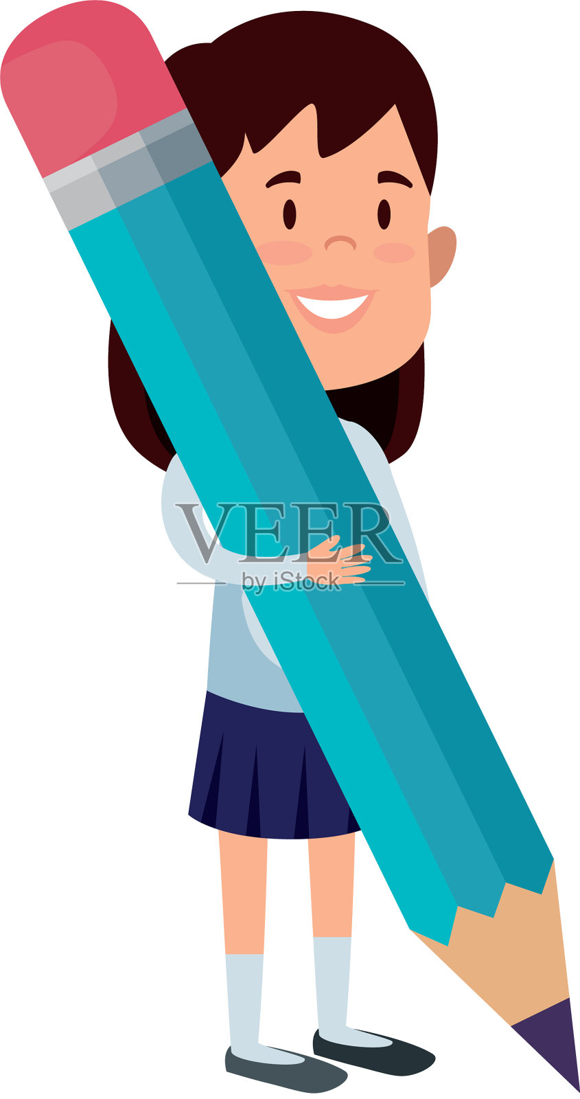 快乐的学生女孩用铅笔写字设计元素图片