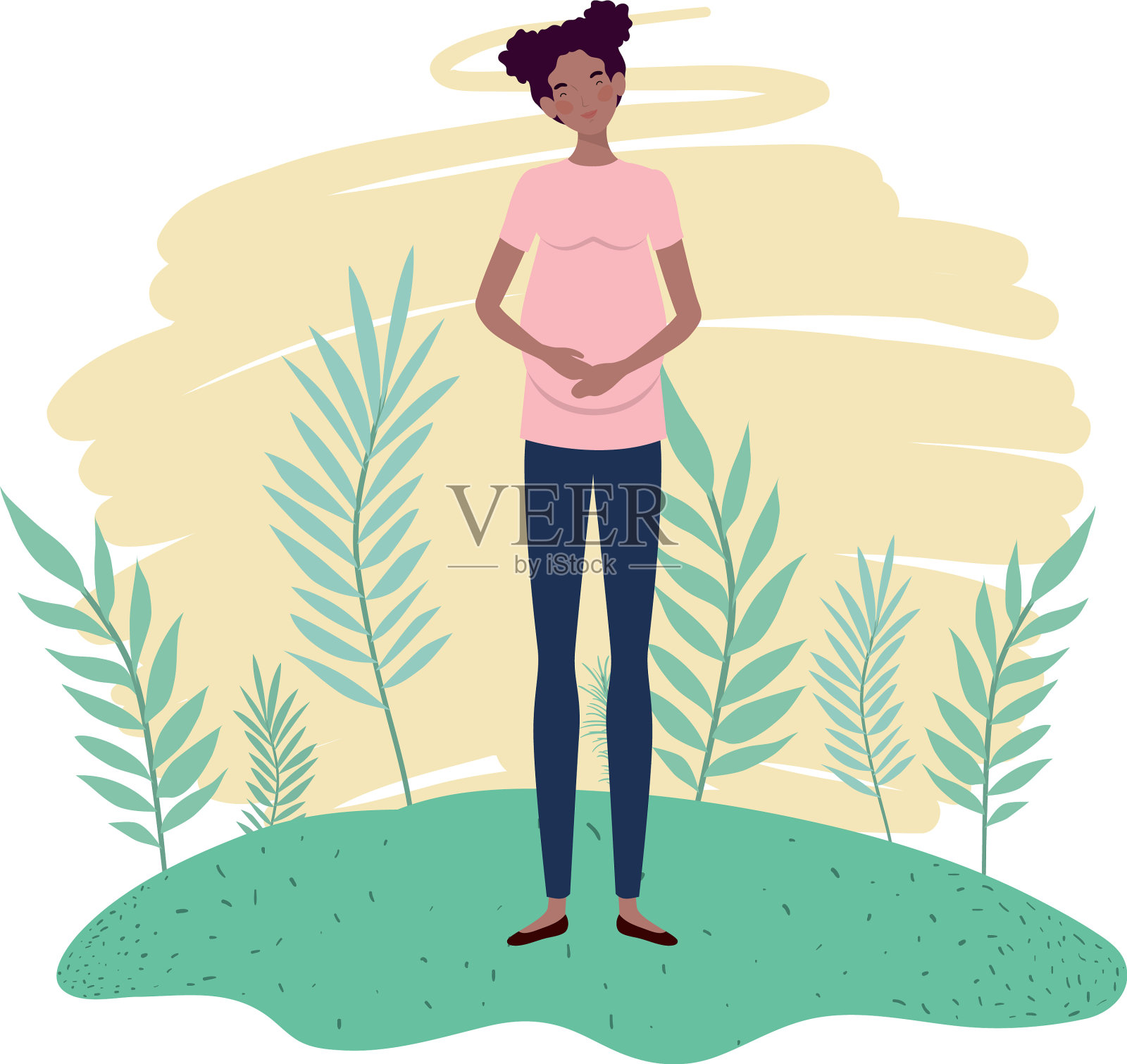 美丽的女人怀孕站在白色插画图片素材