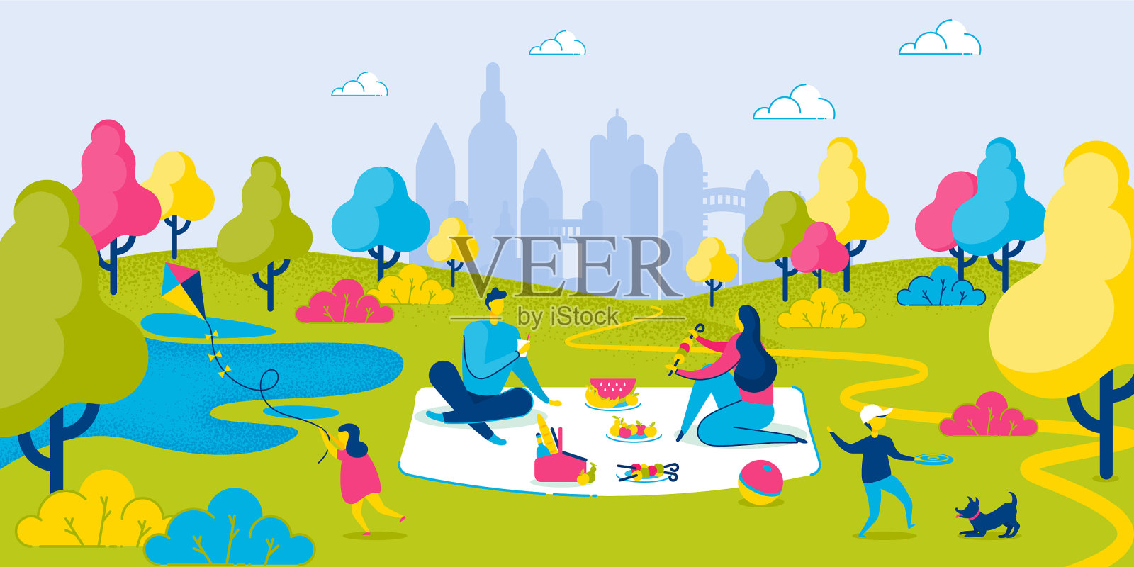 暑假全家去城市公园野餐插画图片素材