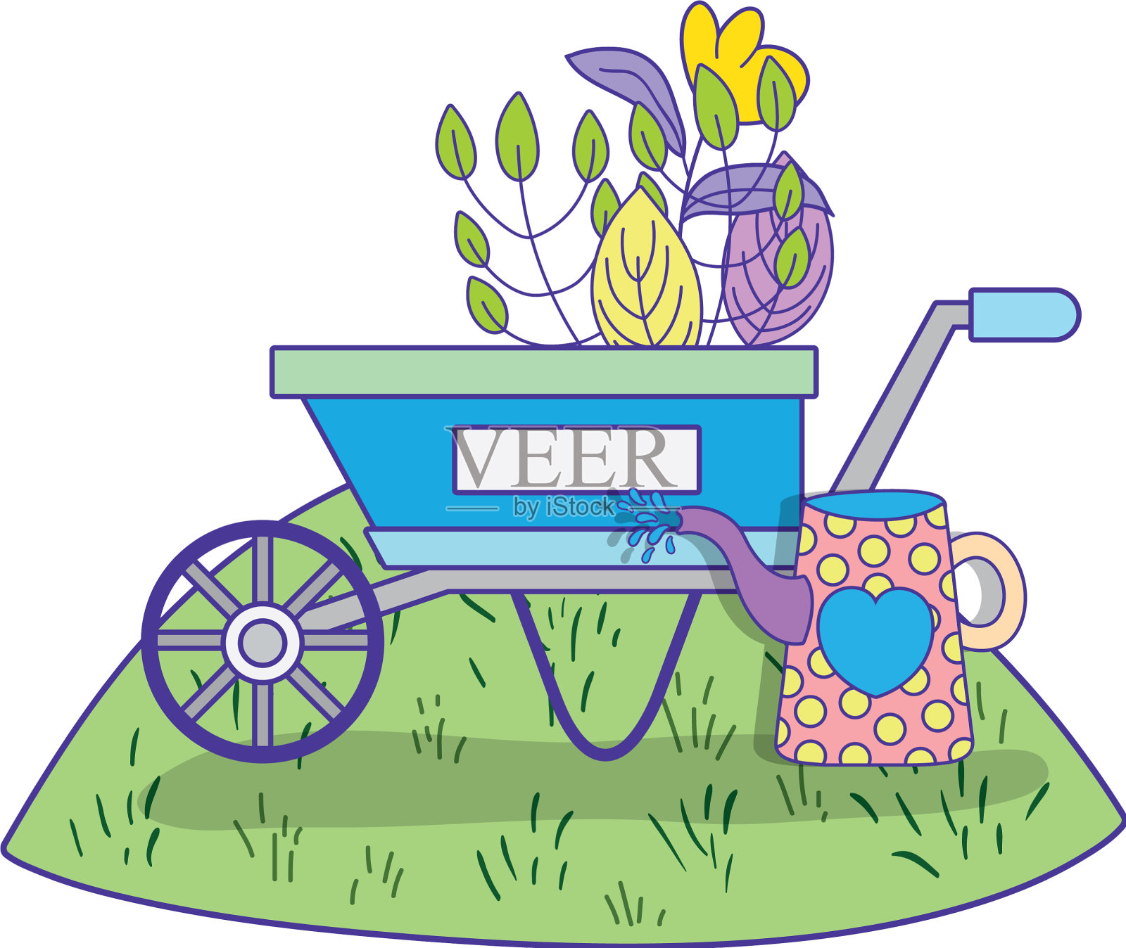 可爱的手推车花园与鲜花花园设计元素图片