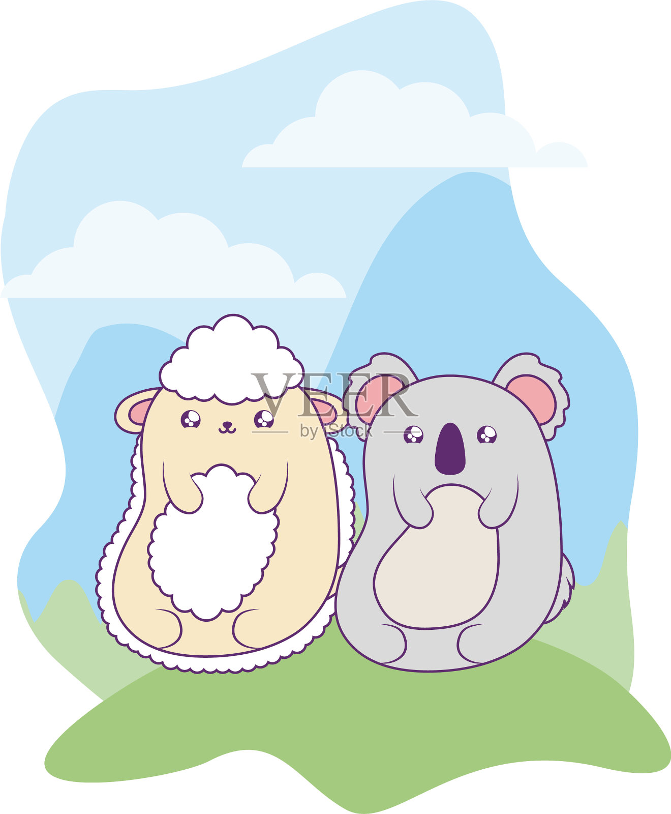 可爱的绵羊和考拉巴动物卡哇伊设计元素图片
