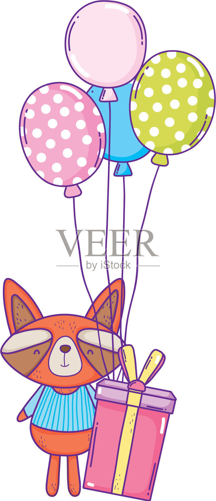 可爱的小浣熊,带着气球和礼物设计元素图片
