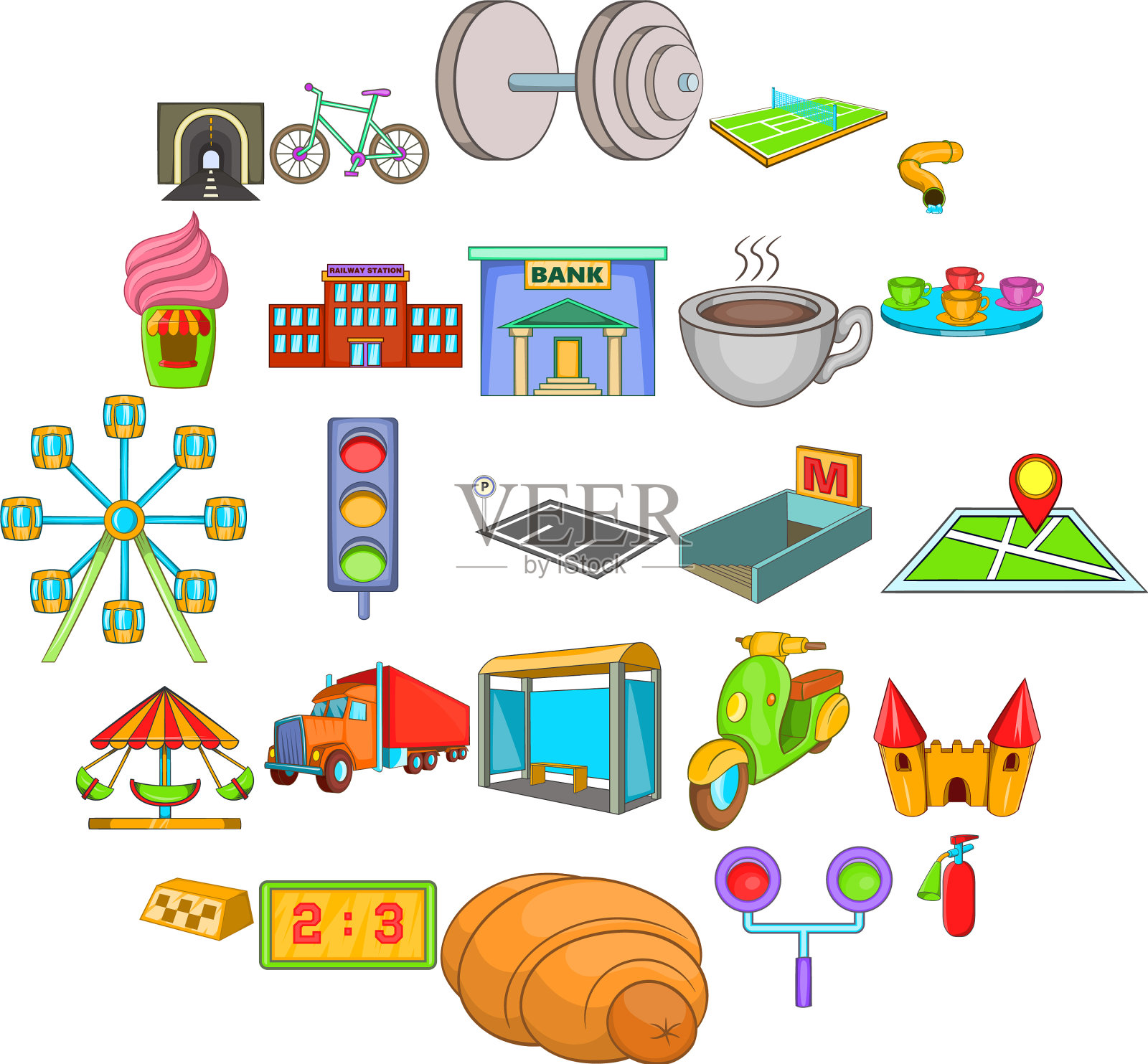 基础设施图标设置卡通风格图标素材