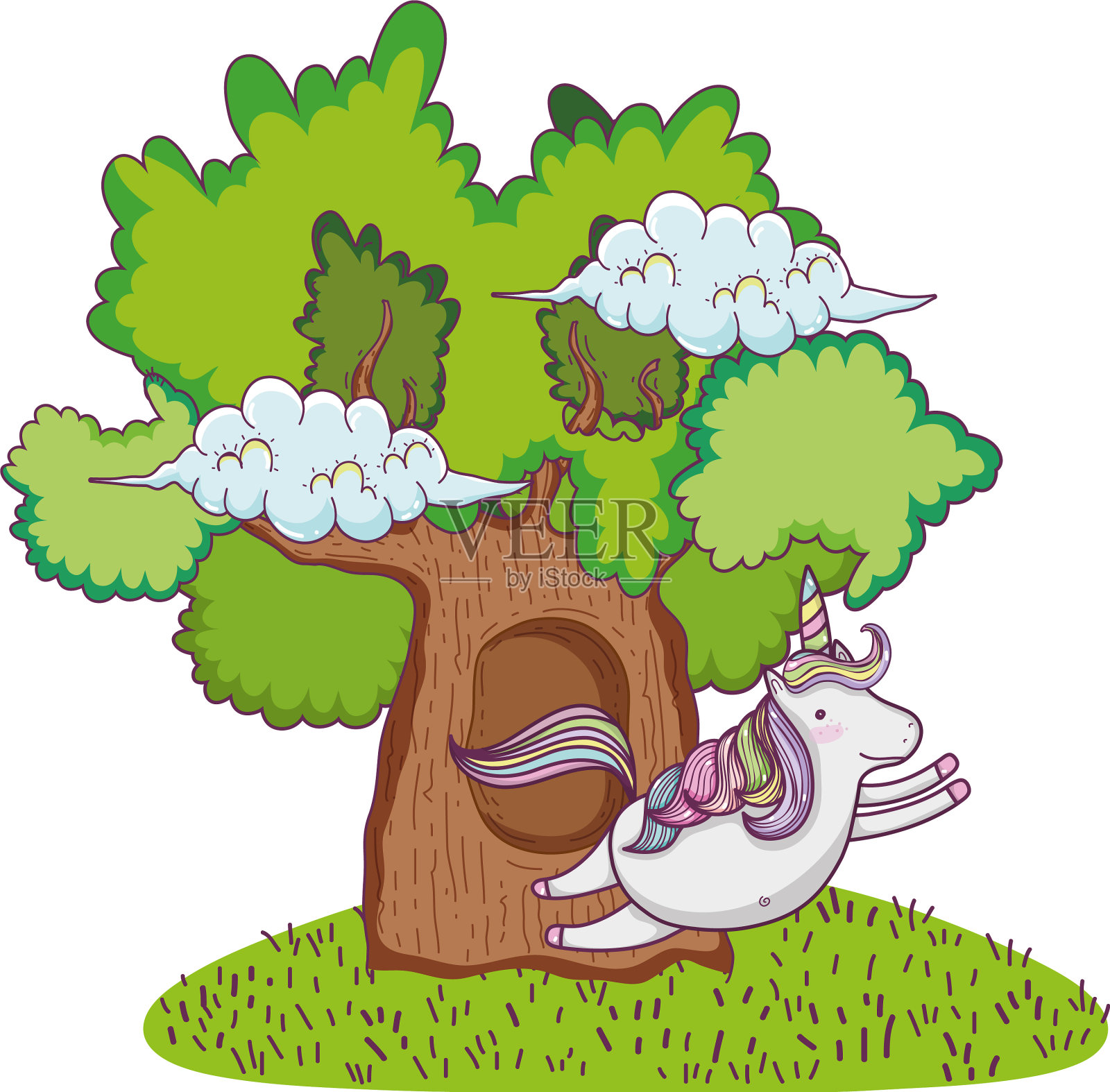 可爱的童话麒麟和树设计元素图片