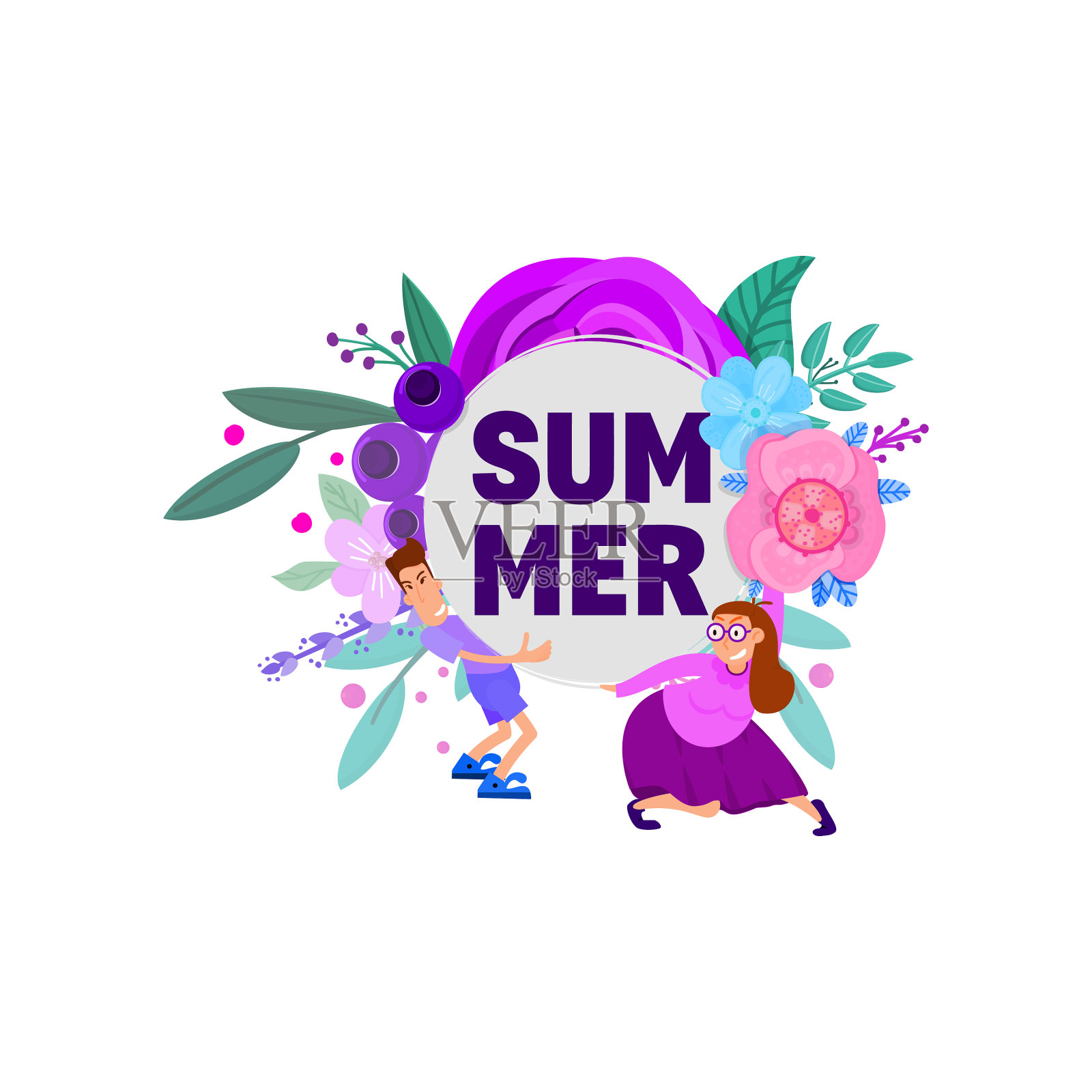 夏季海报与字符和花卉设计元素图片