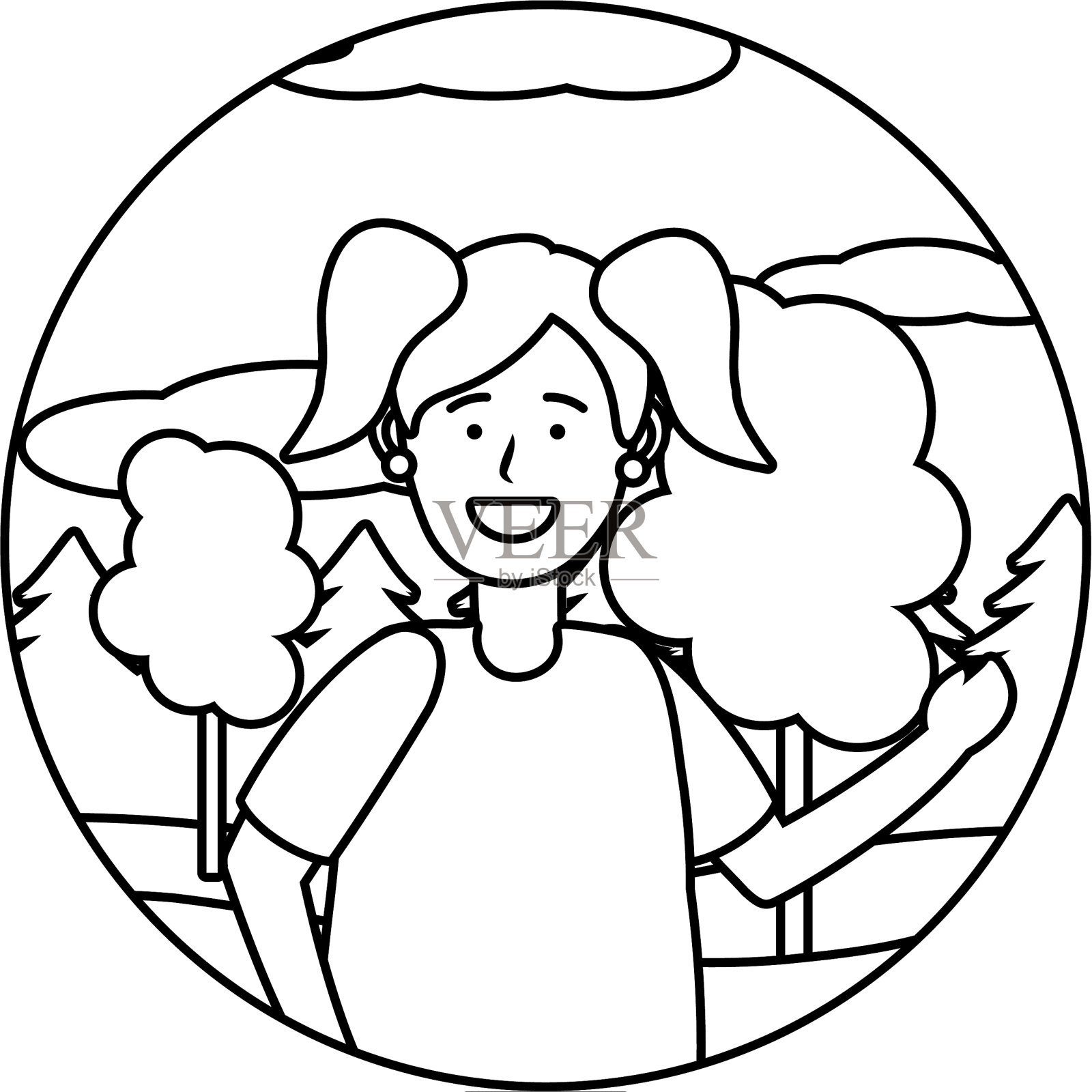 儿童女孩肖像圆形图标黑白设计元素图片