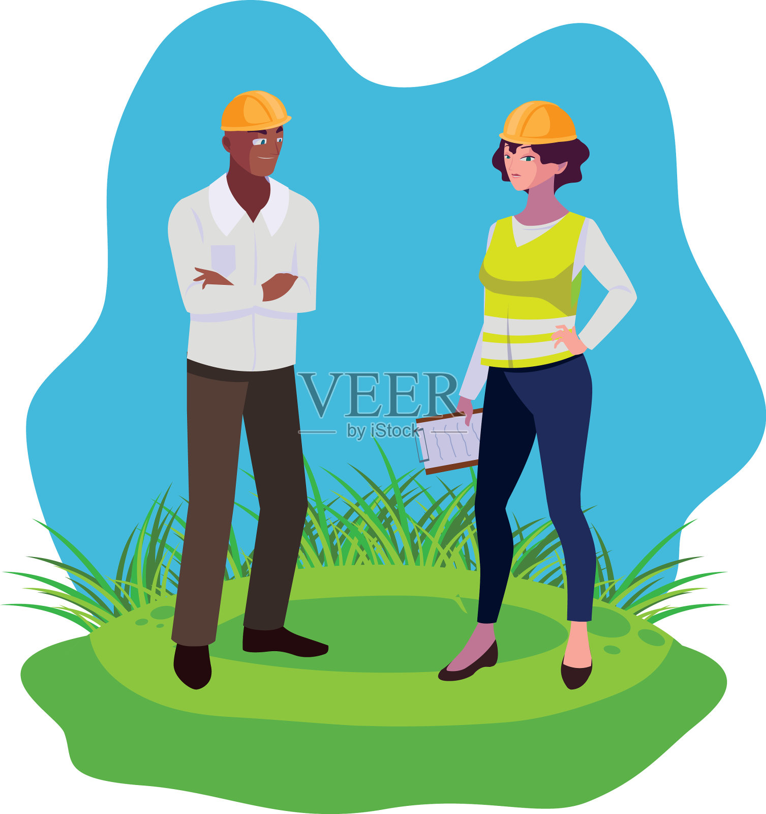 跨种族的夫妇建筑工在草坪上设计元素图片