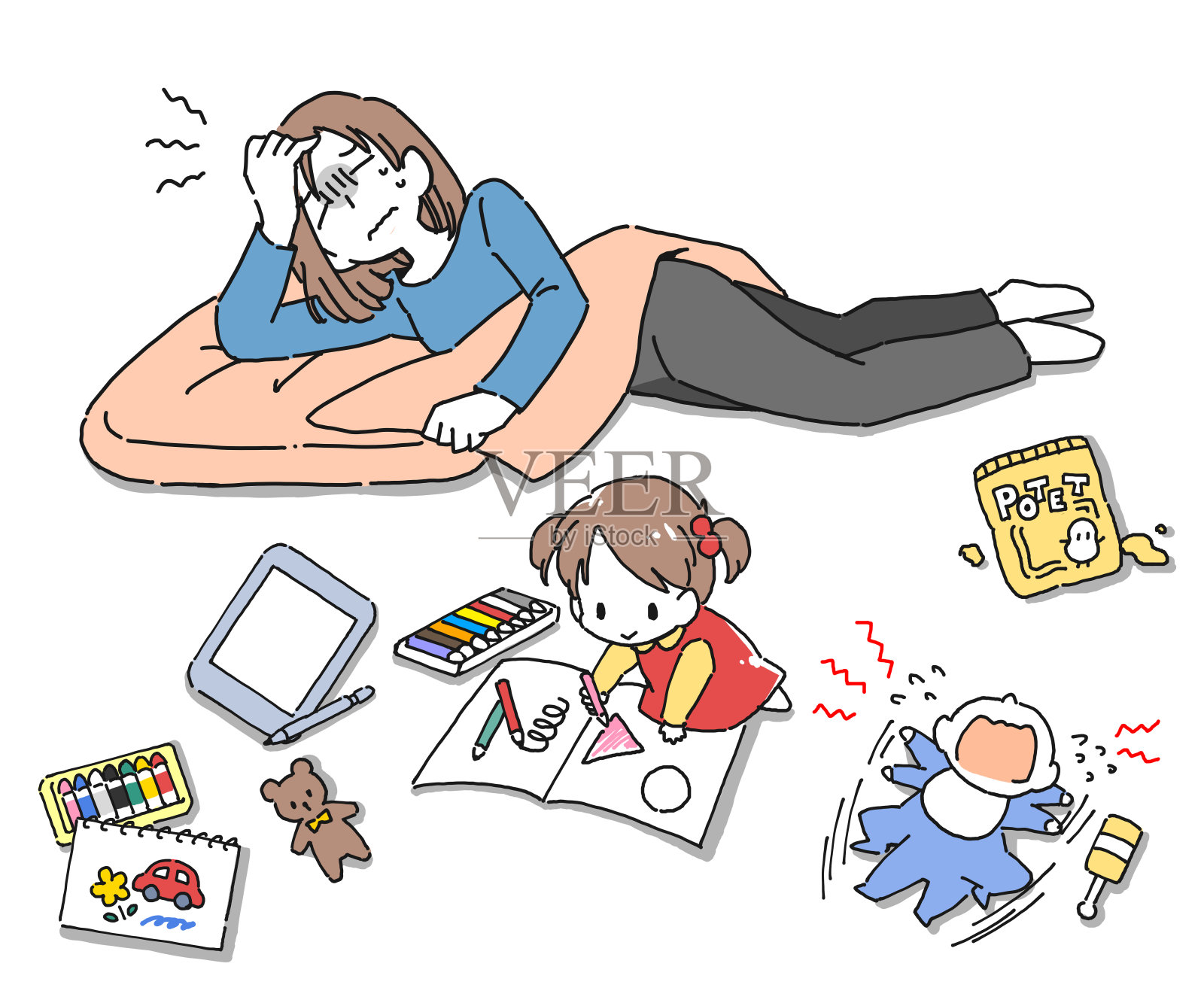 一位母亲即使身体状况不佳也不能休息插画图片素材