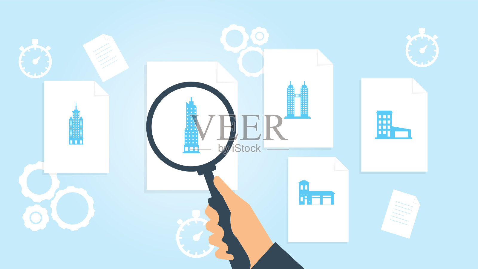 建立档案,文献研究矢量图。文档与搜索图标。文件和放大镜。分析研究的迹象。矢量图插画图片素材