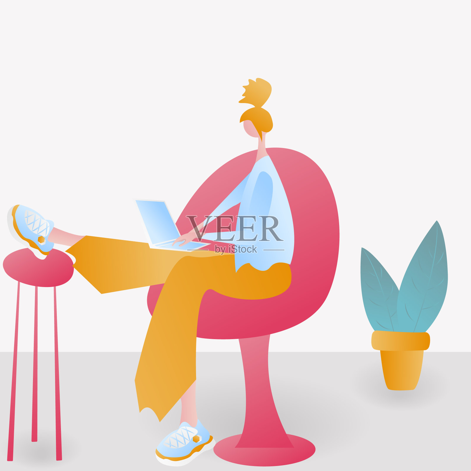 女孩坐在客厅内饰有窗户和植物的沙发上。人物在时尚的风格与笔记本电脑。矢量插画的自由职业者女性工作,看新闻,坐在社交网络插画图片素材