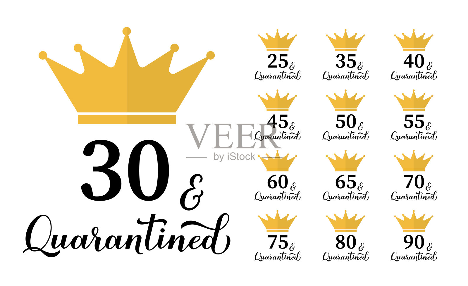 30和隔离。一套有趣的生日或周年贺卡。COVID-19隔离字体海报。矢量模板横幅,传单,贴纸,t恤,明信片。插画图片素材