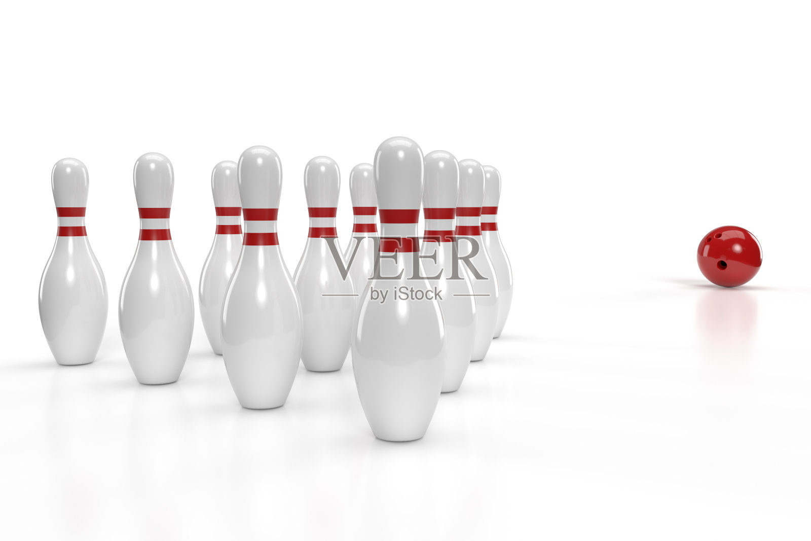 保龄球游戏概念:红色球与保龄球瓶(剪切路径)照片摄影图片