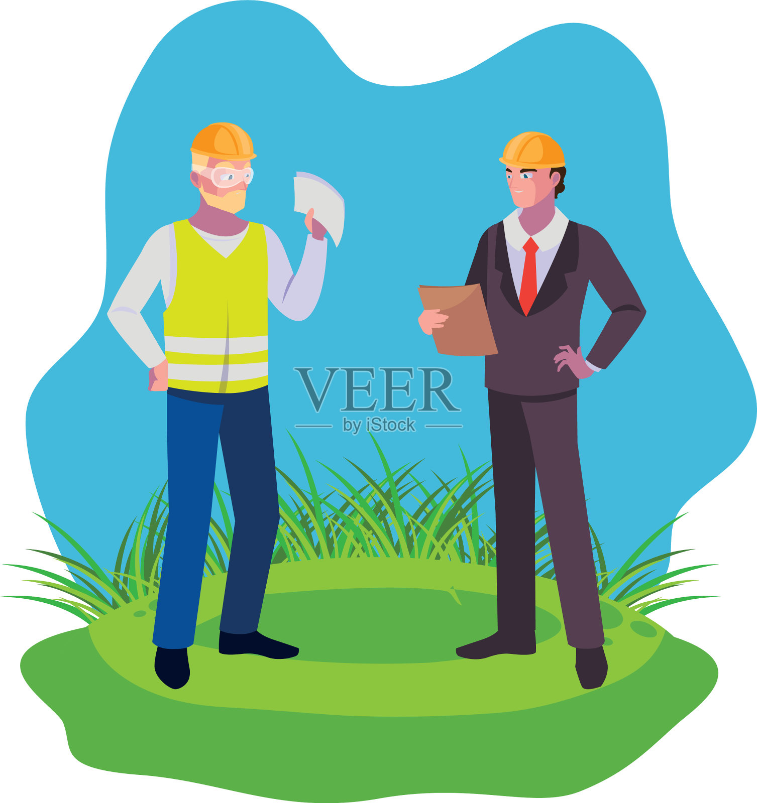 建筑工和工程师在草坪上设计元素图片