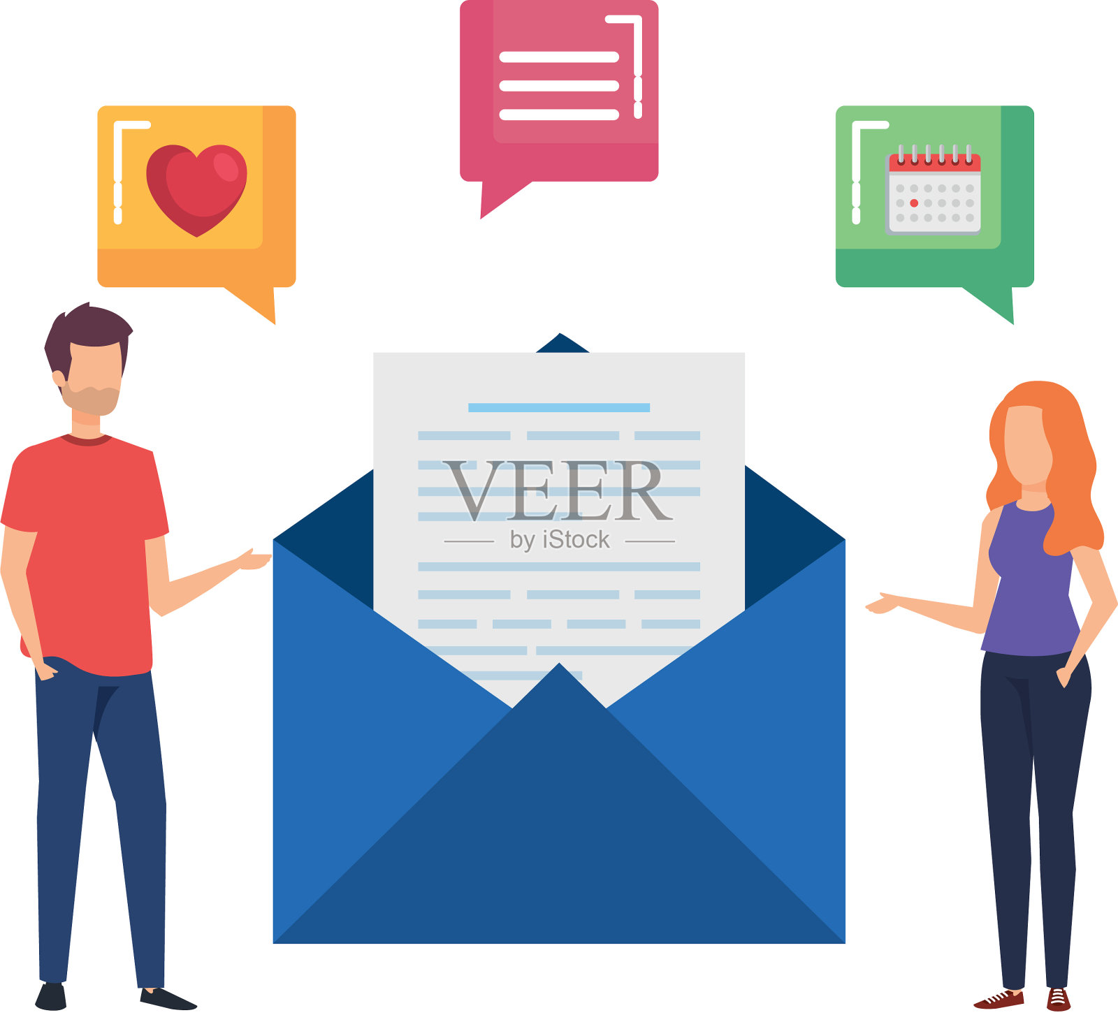 一对年轻夫妇,带着泡泡和信封设计元素图片