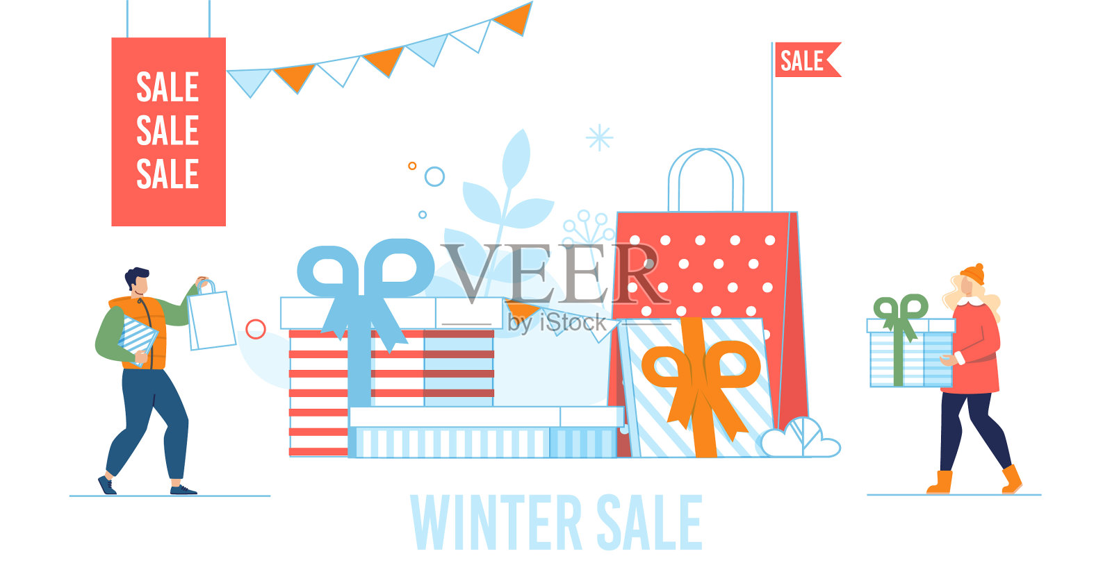 冬季促销平海报与人准备礼品设计元素图片