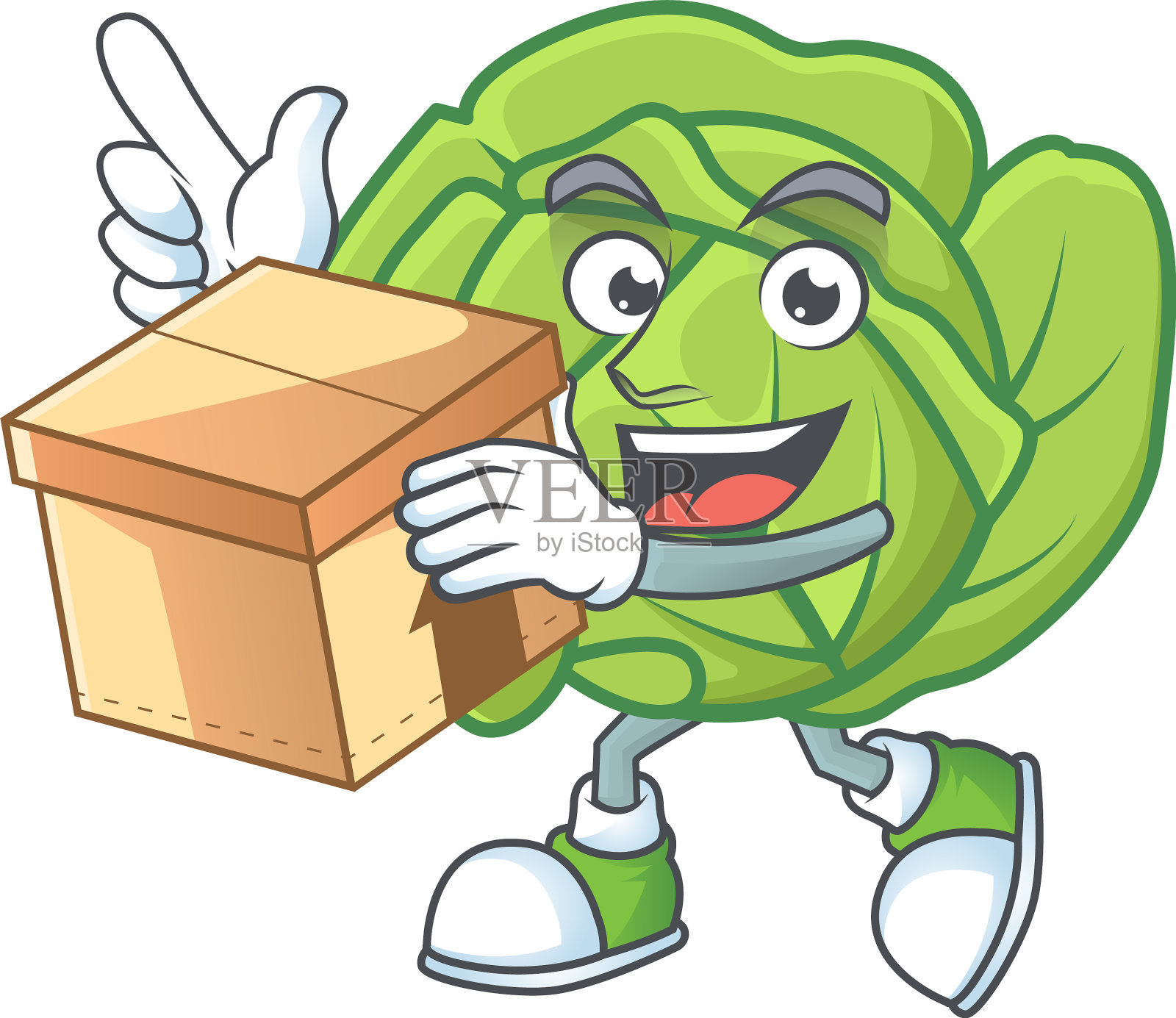 可爱的卷心菜卡通人物风格拿着一个盒子插画图片素材