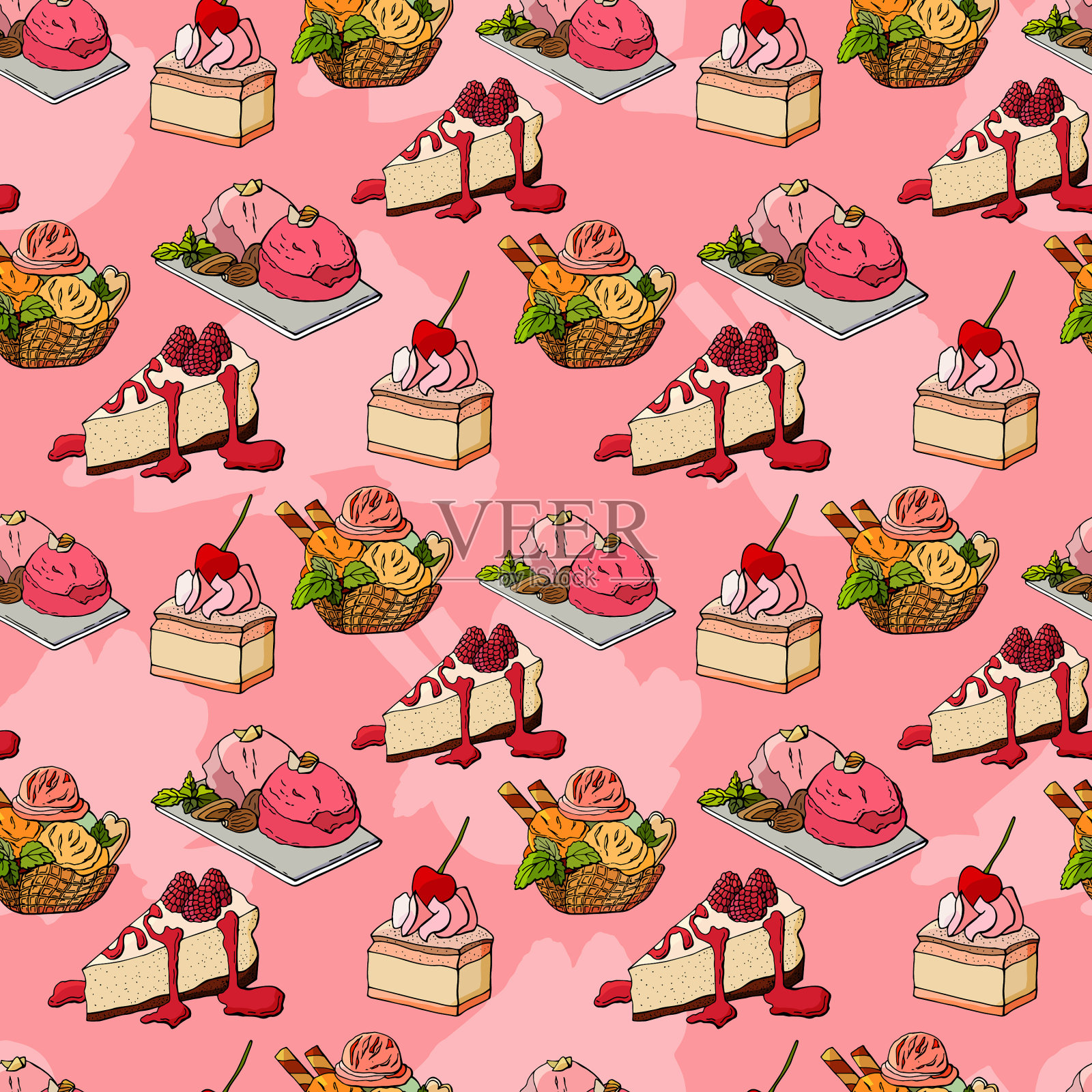 无缝图案蛋糕和冰淇淋stock插图插画图片素材
