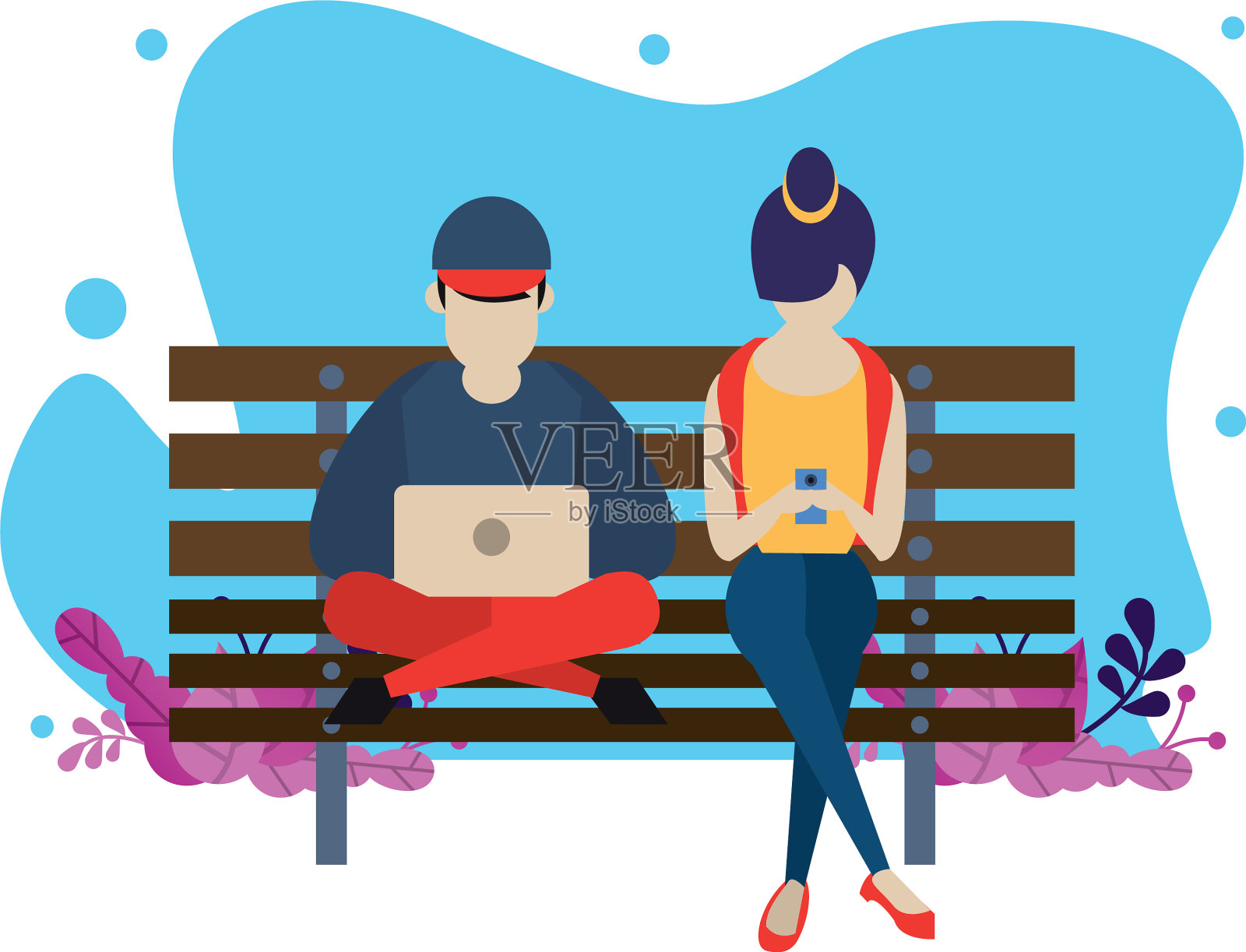 年轻夫妇使用社交媒体应用的设备插画图片素材