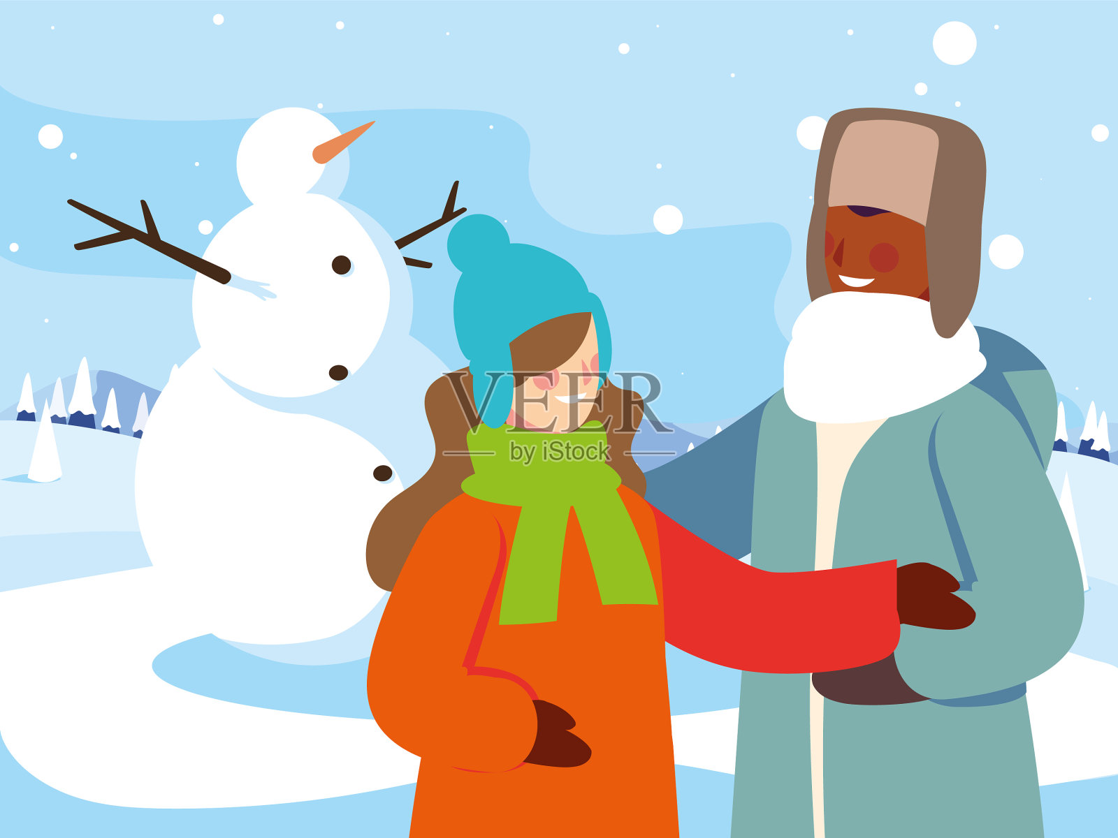 在冬天的风景中有雪人的夫妇设计元素图片