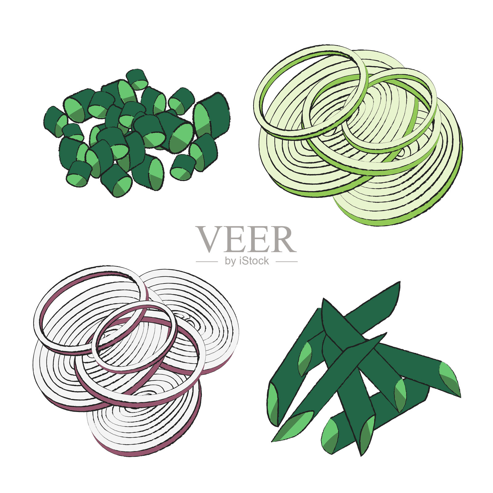 设置绿色韭菜和红洋葱素食和图标素材