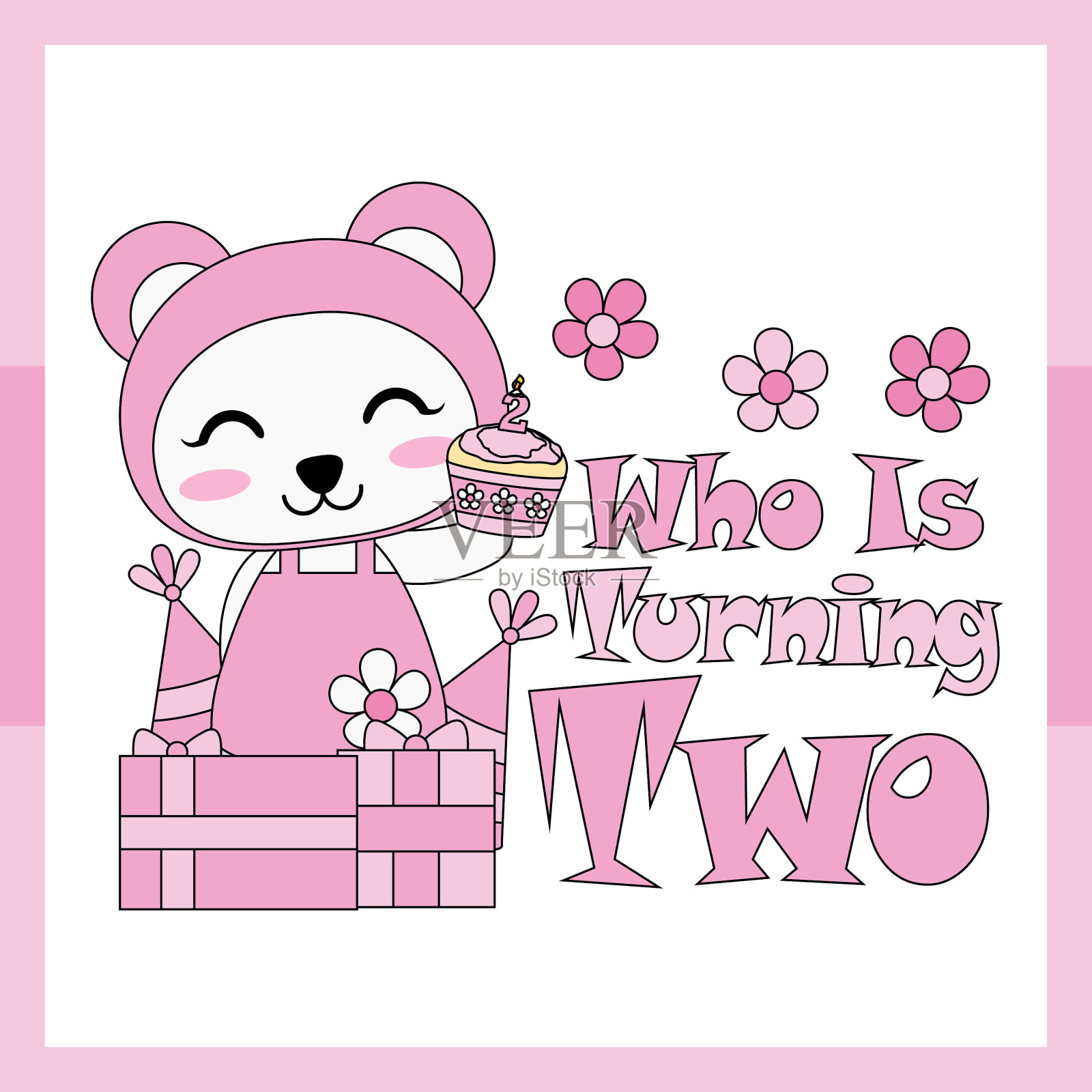 印刷卡通可爱的熊猫女孩和盒子礼物插画图片素材