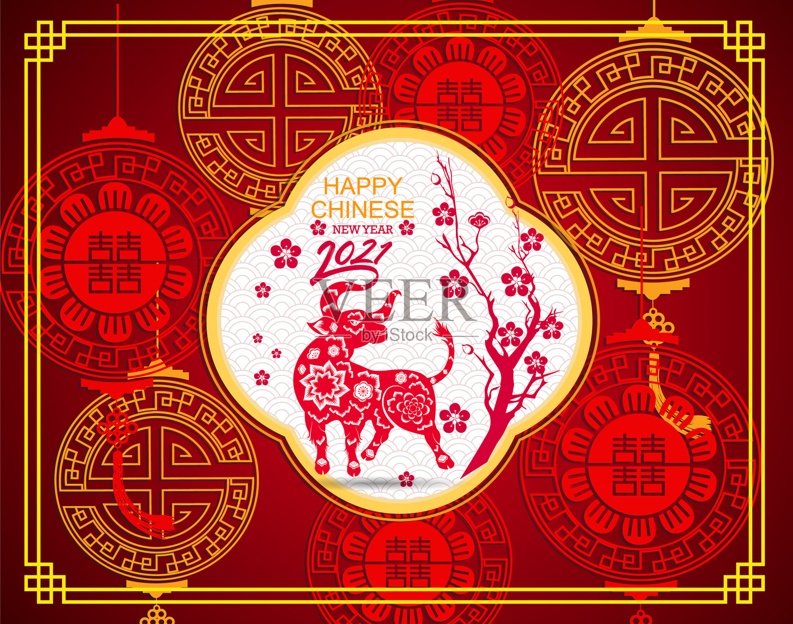 2021年春节快乐,牛花年插画图片素材