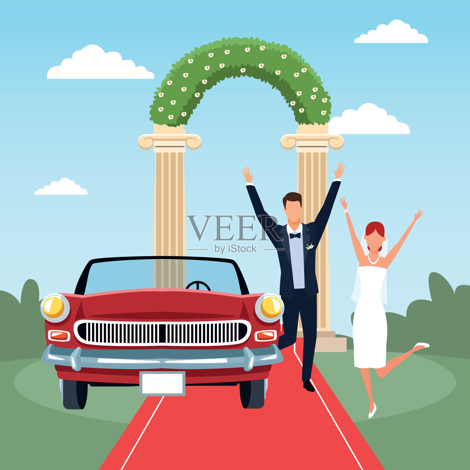 婚礼现场洋溢着激动的新婚夫妇和红色插画图片素材