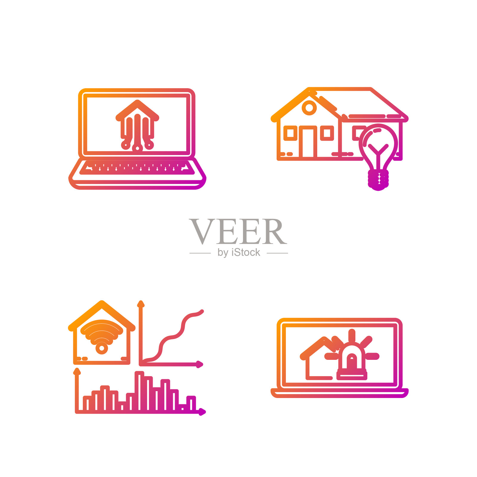 设线笔记本电脑智能家居和报警智能图标素材