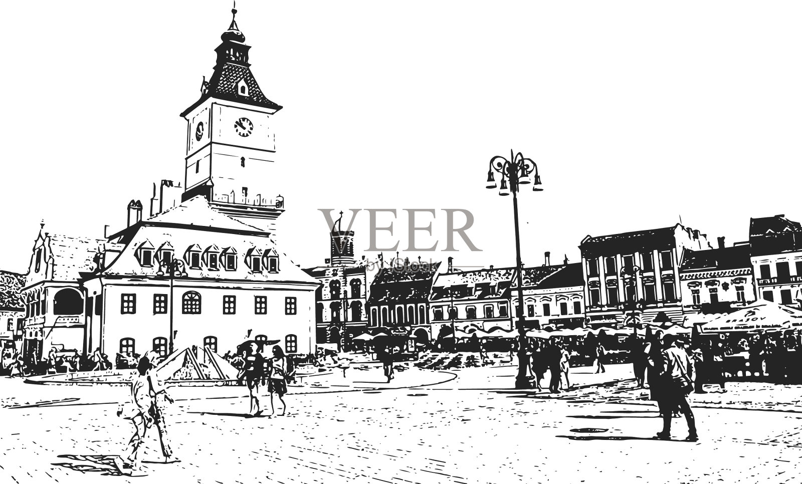 布拉索夫城市广场古董手绘草图插画图片素材