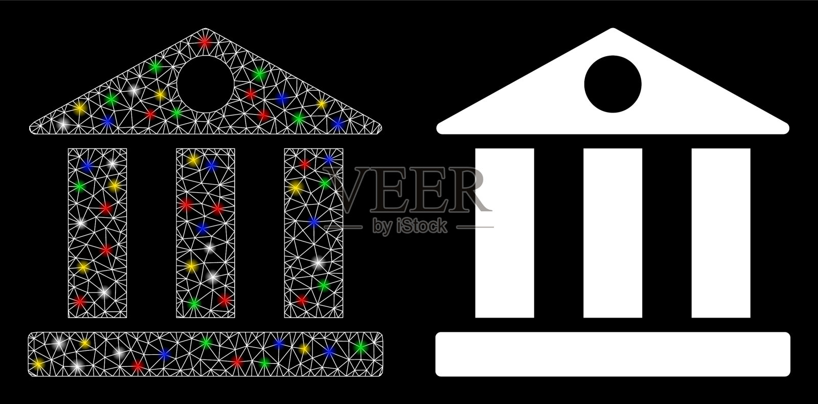 闪耀网格2d银行建筑图标与闪耀点插画图片素材